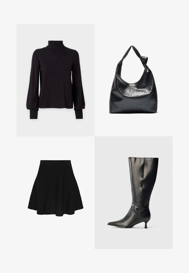 VILA VIAMANDA TURTLE NECK - Strickpullover - black; Schwarzer A-Linien-Rock mit tailliertem Bund, der sich sanft zum Saum hin ausweitet, dargestellt auf weißem Hintergrund.; Schwarzer kniehoher Lederstiefel mit spitzer Zehenpartie und niedrigem Kittenabsatz, präsentiert vor einem schlichten hellen Hintergrund.; Schwarze gewebte Lederhandtasche mit lässigem Design, ausgestattet mit einem geknoteten Trageriemen und einem kleinen dekorativen goldenen Nagel am oberen Rand.
