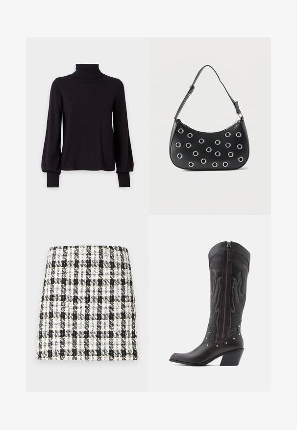 VILA VIAMANDA TURTLE NECK - Pullover - black; Jupe à carreaux noir et blanc en tissu texturé, dotée d'un design structuré avec une coupe droite et des détails minimalistes.; Bottes de cowboy en cuir marron avec surpiqûres en forme de flammes, fermeture éclair latérale, clous argentés, bout pointu et talon superposé.; Sac d'épaule en cuir noir avec bandoulière réglable, orné d'œillets en métal argenté et fermeture éclair supérieure.