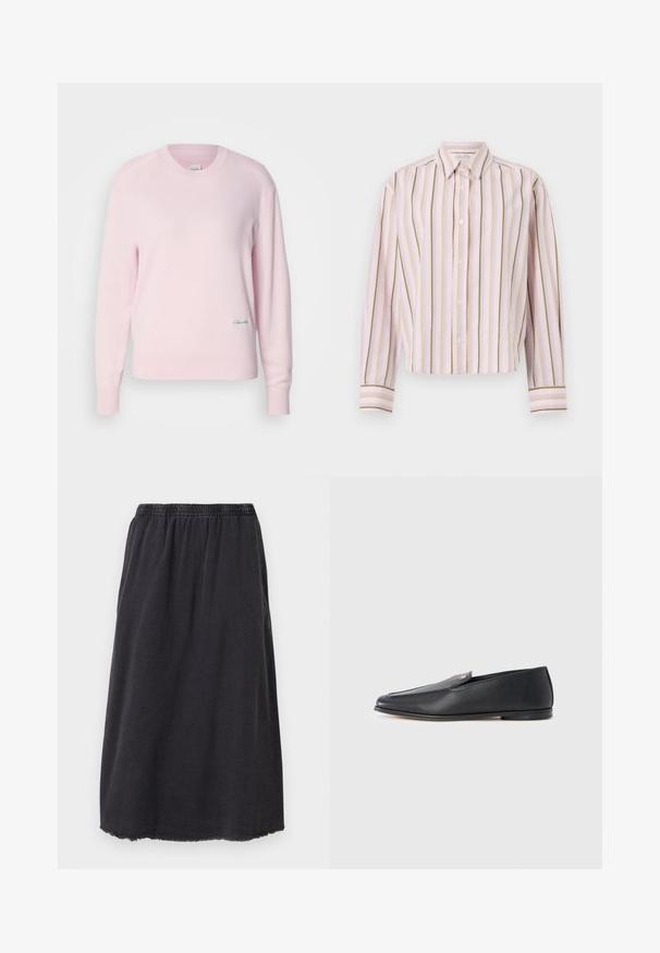 Lyserød sweater lavet af blødt strikstof. Har en rund hals og lange ærmer, med et lille grønt logo nederst til venstre.; Lyserød stribet skjorte med lodrette linjer i grøn og gul, knaplukning og lange ærmer med kontrastmanchetter.; Sort bomuldsskjørt med elastisk talje, knælangt, med en frynset kant og en simpel, lige silhouet.; Sorte læderloafers med en glat tekstur, rundet tå og subtile syningsdetaljer. Har en guldfarvet logoaccent på oversiden.