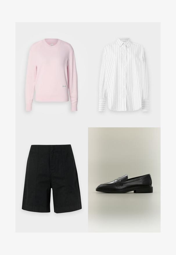 Pull en rose clair en tricot doux. Il présente un col rond et des manches longues, avec un petit logo vert sur le bas à gauche.; Chemise blanche à manches longues avec des fines rayures verticales noires et un col pointu, présentée sur un fond uni.; Shorts noirs ajustés en tissu léger, dotés d'un design structuré avec des rayures verticales et un ourlet droit. Aucune poche visible.; Mocassin penny en cuir noir avec petit talon, bout arrondi et détails cousus sur fond neutre.