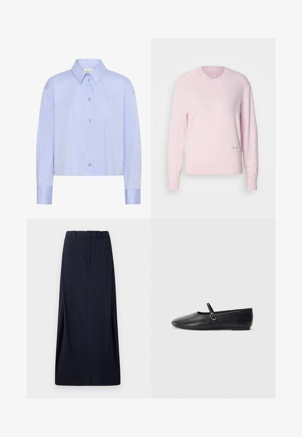 Pull en rose clair en tricot doux. Il présente un col rond et des manches longues, avec un petit logo vert sur le bas à gauche.; Chemise boutonnée cropped bleu clair avec un col, des manches longues et des boutons transparents. Détail du logo subtil sur la poitrine.; Jupe longue bleu marine en tissu tissé, avec une coupe droite, des passants de ceinture et une fermeture éclair dissimulée. Lignes épurées et design minimal.; Ballerines noires en cuir avec un bout pointu, une semelle plate et une petite sangle avec un détail de boucle en argent.