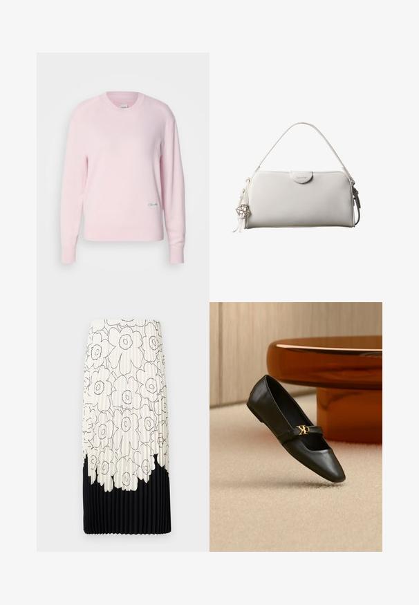 Lyserød sweater lavet af blødt strikstof. Har en rund hals og lange ærmer, med et lille grønt logo nederst til venstre.; Plisseret nederdel med et blomstret sort-hvidt mønster, der har en lyseoverdel med blomster og en ensfarvet sort underkant.; Sort læder flad sko med spids tå og gyldent CK-logo på rem, placeret på beige tæppe nær et rundt ravbrunt bord.; Hvid rektangulær Calvin Klein håndtaske med enkelt håndtag, minimalistisk design og dekorative kvaster med geometrisk metalvedhæng på siden.