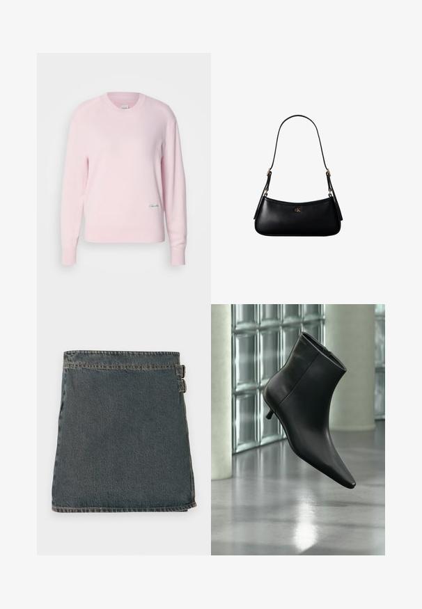 Lyserød sweater lavet af blødt strikstof. Har en rund hals og lange ærmer, med et lille grønt logo nederst til venstre.; DEnim indpakket nederdel i mørkeblå med en tekstureret overflade, der har to sidelukninger og en lige kant. Synede sømme er synlige langs kanterne.; Sort læderankelstøvle med spids tå og lav kitten-hæ, vist vinklet mod en poleret gulv- og glasblokvæg.; Sort læder mini skuldertaske med tynd rem og lille gyldent CK-logo på fronten i midten.