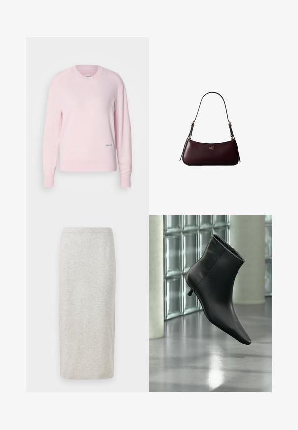 Pull en rose clair en tricot doux. Il présente un col rond et des manches longues, avec un petit logo vert sur le bas à gauche.; Jupe crayon en tricot gris clair, avec une texture lisse et un design ajusté, ourlée en bas avec une taille légèrement extensible.; Bottine en cuir noir à bout pointu et petit talon kitten, présentée en angle devant un sol poli et un mur en blocs de verre.; Sac à main en cuir bordeaux foncé avec une fine sangle d'épaule noire et un petit logo doré "cK" au centre devant.