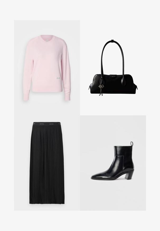 Lichtroze trui gemaakt van zacht gebreid materiaal. Heeft een ronde hals en lange mouwen, met een klein groen logo aan de onderkant aan de linkerkant.; Zwarte geplooide midi-skirt met een elastische tailleband en herhalend Calvin Klein-logo in het wit.; Zwarte leren enkelboot met een spitse neus, een geometrische gestapelde hak en een trekband aan de achterkant. Gladde textuur en slank ontwerp.; Zwarte leren Calvin Klein handtas met lange hengsels, een logo-label aan de voorkant en een zilverkleurige geometrische hanger die aan één hengsel hangt.