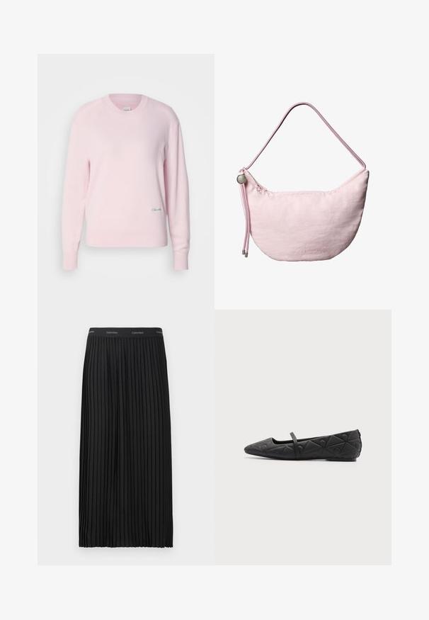 Lichtroze trui gemaakt van zacht gebreid materiaal. Heeft een ronde hals en lange mouwen, met een klein groen logo aan de onderkant aan de linkerkant.; Zwarte geplooide midi-skirt met een elastische tailleband en herhalend Calvin Klein-logo in het wit.; Zwarte platte schoen met puntige neus, doorgestikte geometrische patronen en een dunne band over de wreef, op een effen achtergrond.; Zachtroze, sikkelvormige schoudertas met verstelbare koordriem, metalen stopper en een subtiel geperst "cK"-logo in het midden aan de voorkant.