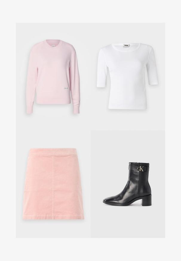 Helles rosa Sweatshirt aus weichem Strickmaterial. Mit Rundhalsausschnitt und langen Ärmeln, versehen mit einem kleinen grünen Logo auf der unteren linken Seite.; Weißes, geripptes T-Shirt mit rundem Ausschnitt und Ärmeln bis zum Ellbogen. Hergestellt aus einem weichen Material mit glatter Textur. Etikett am Ausschnitt sichtbar.; Rosa Cord-Ripp-Minirock mit taillierter Passform und vertikaler Rippstruktur. Der Saum ist gerade und er hat ein schlichtes Design ohne Verzierungen.; Schwarze Leder-Ankle Boots mit spitzem Zehenbereich, Blockabsatz und einem Riemen mit einem metallischen Logodetail. Glatte Textur und minimales Design.
