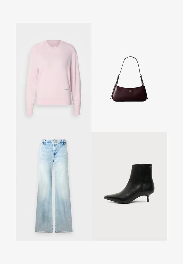 Helles rosa Sweatshirt aus weichem Strickmaterial. Mit Rundhalsausschnitt und langen Ärmeln, versehen mit einem kleinen grünen Logo auf der unteren linken Seite.; Hellblaue, flared Jeans aus Denim. Sie bietet eine ausgewaschene Optik, Standardtaschen und einen Knopfverschluss an der Taille.; Schwarzer Leder-Knöchel-Stiefel mit spitzer Spitze und niedrigem Kittenabsatz vor hellem Hintergrund, seitliche Ansicht.; Dunkelburgunderfarbene Lederhandtasche mit schmalem schwarzem Schulterriemen und kleinem goldenem "cK" Logo vorne in der Mitte.