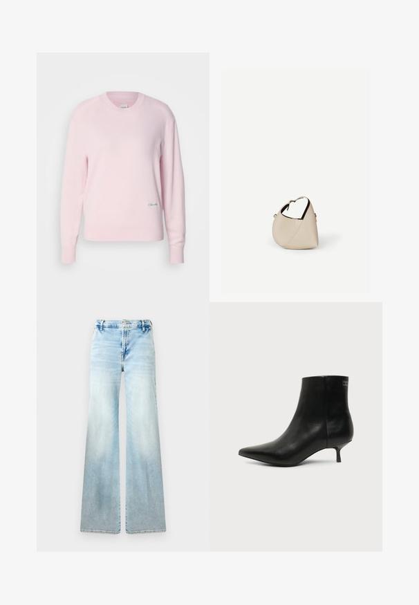 Suéter rosa claro hecho de un material de punto suave. Presenta un cuello redondo y mangas largas, con un pequeño logotipo verde en la parte inferior izquierda.; Jeans acampanados de color azul claro, confeccionados en denim. Presentan un lavado desvaído, bolsillos estándar y un cierre de botón en la cintura.; Botín de piel negra con puntera puntiaguda y tacón bajo estilo kitten sobre fondo claro, mostrando vista lateral exterior.; Bolso de cuero beige en forma de media luna con una sola correa para el hombro y costuras mínimas, colocado sobre un fondo blanco liso.