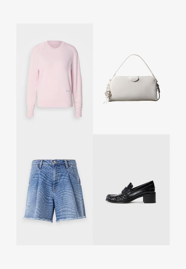 Lyserød sweater lavet af blødt strikstof. Har en rund hals og lange ærmer, med et lille grønt logo nederst til venstre.; Lysblå denimshorts med en falmet vask, der har et gentaget "JOOP! JEANS" print over det hele. Den frynsede kant tilføjer tekstur.; Sorte læder loafers med en bølget front, rund tå og en blokhælc. Har et dekorativt bånd og syninger langs kanterne.; Hvid rektangulær Calvin Klein håndtaske med enkelt håndtag, minimalistisk design og dekorative kvaster med geometrisk metalvedhæng på siden.