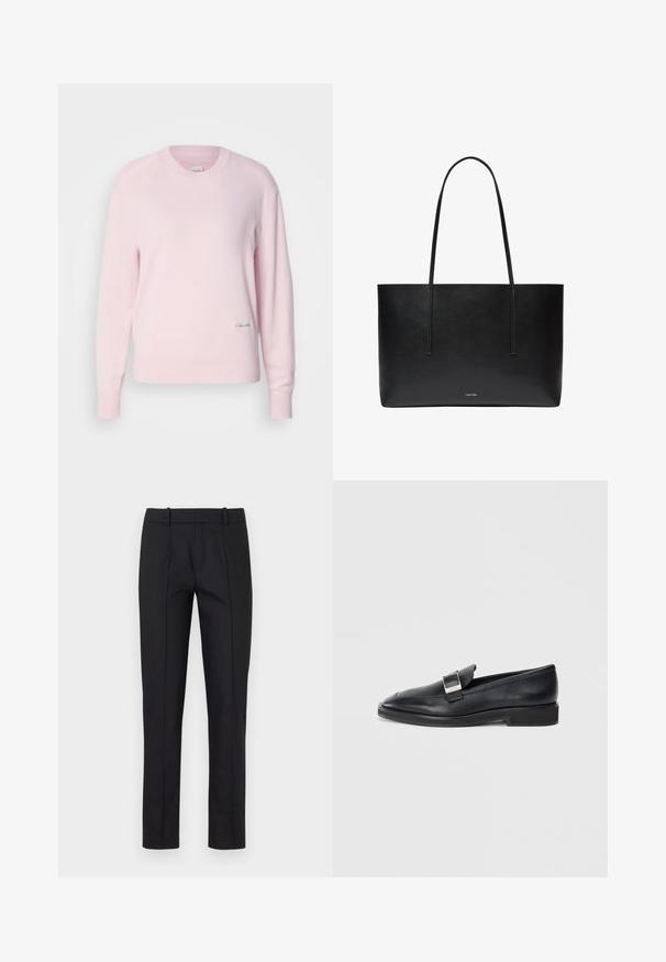 Lyserød sweater lavet af blødt strikstof. Har en rund hals og lange ærmer, med et lille grønt logo nederst til venstre.; Sorte skræddersyede bukser med slim fit, glat front og to baglommer. Lavet af glat stof med fin syning langs sømmene.; Sorte læder loafers med en sølv rektangulær spænde på toppen og en lav hæl på en hvid baggrund.; Sort læder-totetaske med lange håndtag og lille Calvin Klein-logo centreret tæt på den nederste front.