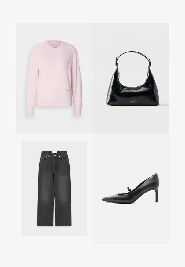 Lyserød sweater lavet af blødt strikstof. Har en rund hals og lange ærmer, med et lille grønt logo nederst til venstre.; Sorte jeans med vide ben i denim med en falmet finish, der har lukning med knap og lynlås, fem-lomme-design og kontrasterende syninger.; Sort læderspids højhælede sko med tynd rem og spænde over vristen, stående på en neutral lys baggrund.; Sort blank Calvin Klein håndtaske med gyldent lynlås og kort rem mod en ensfarvet hvid baggrund.