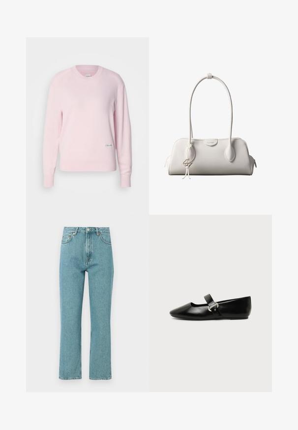 Lichtroze trui gemaakt van zacht gebreid materiaal. Heeft een ronde hals en lange mouwen, met een klein groen logo aan de onderkant aan de linkerkant.; Lichtblauwe, high-waisted jeans met een rechte pijpdesign. Gemaakt van denim, met voorzakken en een knoopsluiting.; Zwarte leren Mary Jane platte schoen met een afgeronde neus en zilveren gespsluiting op een effen achtergrond.; Witte Calvin Klein schoudertas met lange hengsels, rechthoekige vorm, ritssluiting en decoratieve logohanger bij het hengsel.
