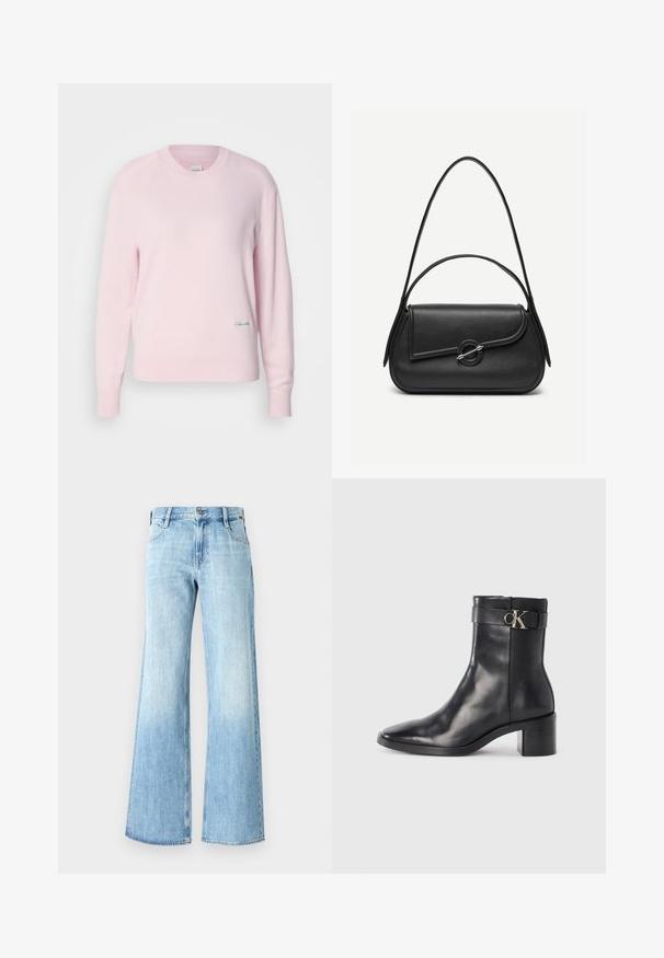 Helles rosa Sweatshirt aus weichem Strickmaterial. Mit Rundhalsausschnitt und langen Ärmeln, versehen mit einem kleinen grünen Logo auf der unteren linken Seite.; Helle blaue Denim-Jeans mit weitem Bein, hoch geschnitten, klassischer Fünf-Taschen-Design und Knopfverschluss, mit einer leichten Ausbleichung nahe dem Saum.; Schwarze Leder-Ankle Boots mit spitzem Zehenbereich, Blockabsatz und einem Riemen mit einem metallischen Logodetail. Glatte Textur und minimales Design.; Schwarze Lederhandtasche mit abgerundeten Kanten, asymmetrischem Überschlag, metallfarbenem runden Verschluss und kurzen sowie langen Schulterriemen.