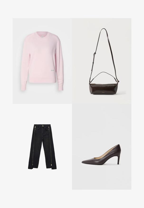 Lyserød sweater lavet af blødt strikstof. Har en rund hals og lange ærmer, med et lille grønt logo nederst til venstre.; Sorte denimjeans med lige ben-design, der har guld lynlåse langs siderne og almindelige lommer ved taljen.; Brun læderhøjhælet sko med spids snude og en slank hæl på 7 cm, glat tekstur og minimalistisk design. Ingen synlige pynt.; Lille blank mørkebrun læder skuldertaske med justerbar rem, top håndtag og gyldent lynlås lukning.