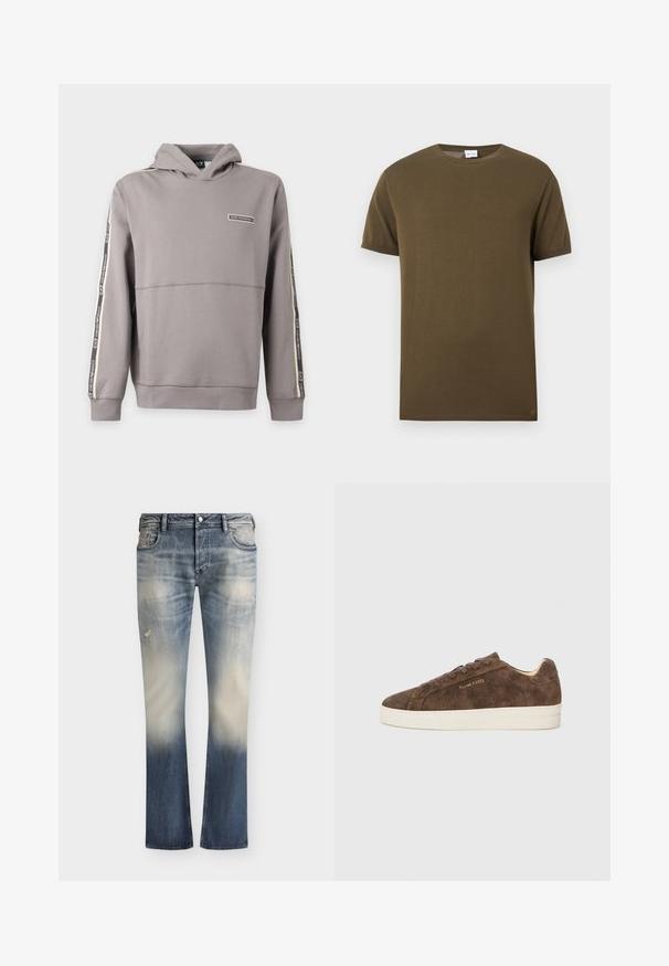 Sweat à capuche gris avec des bandes de marque noires et blanches sur les manches et petit logo rectangulaire sur la poitrine gauche.; T-shirt à manches courtes et col rond de couleur vert olive avec une texture lisse et unie, présenté sur un fond blanc.; Jean en denim bleu délavé avec des détails usés, poches avant, fermeture à boutons et coupe droite.; Baskets en daim marron avec une silhouette basse, un bout arrondi et une semelle en caoutchouc blanc. Elles présentent des lacets foncés et un logo discret sur le côté.