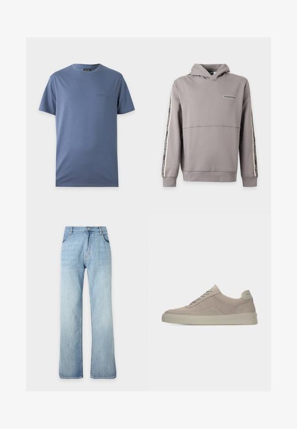Sweat à capuche gris avec des bandes de marque noires et blanches sur les manches et petit logo rectangulaire sur la poitrine gauche.; T-shirt bleu uni à manches courtes avec col rond et petit logo brodé discret sur la poitrine gauche.; Jean denim bleu clair à coupe droite avec fermeture avant à boutons et zip, poches avant et passants de ceinture, présenté sur un fond uni.; Baskets en daim beige avec une finition texturée, un bout arrondi et des lacets ton sur ton. Elles présentent une semelle en caoutchouc épaisse et un branding discret sur le talon.
