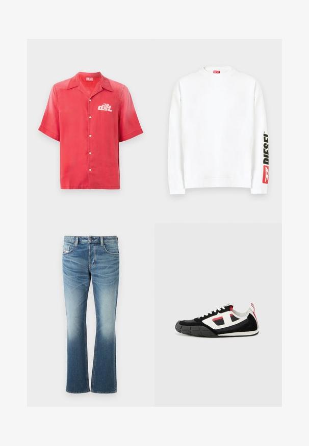 Hvid sweatshirt med rund halsudskæring, med en rød og sort "DIESEL"-logo på venstre ærme. Fremstillet af blødt, glat stof.; Kortærmet rød skjorte med knapper i et glat stof. Har en krave og et hvidt logo på venstre bryst. Enkel design, uden mønstre.; Blå denim jeans med en flared design, der har en falmet vask, fem lommer og kontrastsy. Knaplukning i taljen.; Diesel S PAGODHA LOW - Sneakers - black