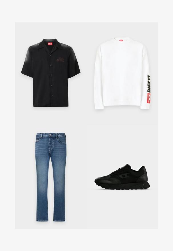 Witte sweat met ronde hals, met een rood-zwart "DIESEL" logo op de linker mouw. Gemaakt van zachte, gladde stof.; Zwart shirt met korte mouwen van soepel stof, voorzien van een knoopsluiting aan de voorkant en een subtiele reliëflogo op de linkerborst.; Blauwe denim jeans met een rechte pijp, ontwerp met vijf zakken en een vervaagde afwerking. Voorzien van een tailleband met lusjes voor een riem en een metalen knoopsluiting.; Zwarte lage sneaker met gestructureerd leer en stoffen panelen, vetersluiting en dikke rubberen zool op een effen lichte achtergrond.