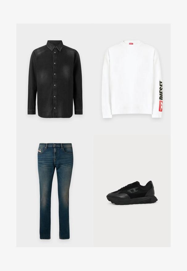 Weißes Sweatshirt mit Rundhalsausschnitt und einem roten und schwarzen "DIESEL"-Logo auf dem linken Ärmel. Hergestellt aus weichem, glattem Stoff.; Schwarze Denim-Hemd mit Button-Down-Kragen, langen Ärmeln und einer vorderen Knopfleiste. Verfügt über dezente Verblassungen und eine taillierte Passform.; Dunkelblaue Jeans aus Denim, mit fünf Taschen, einem Knopfverschluss und leichter Ausbleichung an den Oberschenkeln für einen gebrauchten Look.; Schwarzer Low-Top-Sneaker mit strukturierter Sohle, Schnürverschluss und Mesh- und Lederpaneelen, von der Außenseite auf weißem Hintergrund gezeigt.