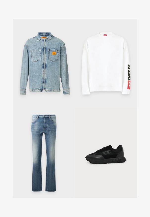 Witte sweat met ronde hals, met een rood-zwart "DIESEL" logo op de linker mouw. Gemaakt van zachte, gladde stof.; Lichtblauwe denim jas met een volledige rits aan de voorkant, twee borstzakken en een klein oranje Replay Inc. label op de rechterzak en de kraag.; Lichtblauwe denim flared jeans met een vijf-pocket ontwerp, een lichte vervaging op de dijen en een standaard tailleband met riemlussen.; Zwarte lage sneaker met een gestructureerde zool, mesh en leren bovenwerk, veters aan de voorkant en een klein reliëflogo op het zijpaneel.