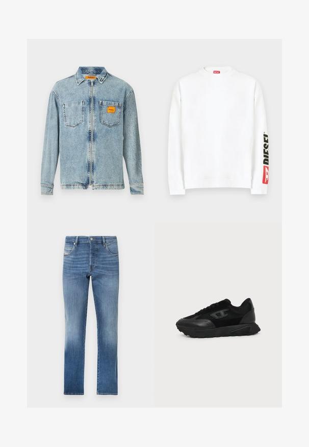 Hvid sweatshirt med rund halsudskæring, med en rød og sort "DIESEL"-logo på venstre ærme. Fremstillet af blødt, glat stof.; Lys blå denimjakke med fuld frontlynlås, to brystlommer og et lille orange Replay Inc. label på højre lomme og krave.; Blå denimjeans med lige ben, med diskret falming, fem lommer og en klassisk knaplukning i taljen.; Sort lavt snøresko med struktureret sål, mesh- og læderoverdel, snørebånd foran og et lille præget logo på sidepanelet.