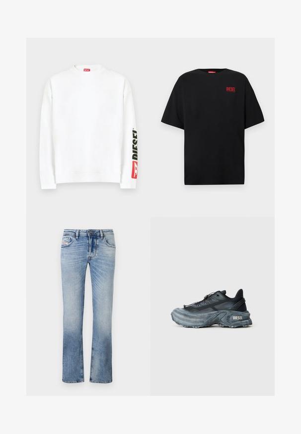 Weißes Sweatshirt mit Rundhalsausschnitt und einem roten und schwarzen "DIESEL"-Logo auf dem linken Ärmel. Hergestellt aus weichem, glattem Stoff.; Schwarzes T-Shirt aus Baumwolle, mit kurzen Ärmeln, rundem Ausschnitt und einem roten "DIESEL"-Logo auf der linken Brustseite.; Hellblaue Jeans aus Denim mit geradem Schnitt, ausgestattet mit Fronttaschen, einem Reißverschluss und subtilen Verfärbungen im gesamten Stoff.; Schwarz- und graue Diesel-Sneaker mit dicker Sohle, Schnürverschluss und strukturiertem Design auf einem schlichten hellgrauen Hintergrund.