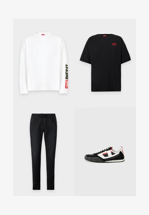 Sudadera blanca con cuello redondo, con un logo "DIESEL" en rojo y negro en la manga izquierda. Confeccionada con una tela suave y lisa.; Camiseta negra de algodón, con mangas cortas, cuello redondo y un logo rojo de "DIESEL" en la zona izquierda del pecho.; Pantalones de mezclilla negra con corte ajustado, que cuentan con una cintura con cordón, dos bolsillos frontales y detalles de costura sutiles. Textura suave.; Diesel S PAGODHA LOW - Zapatillas - black
