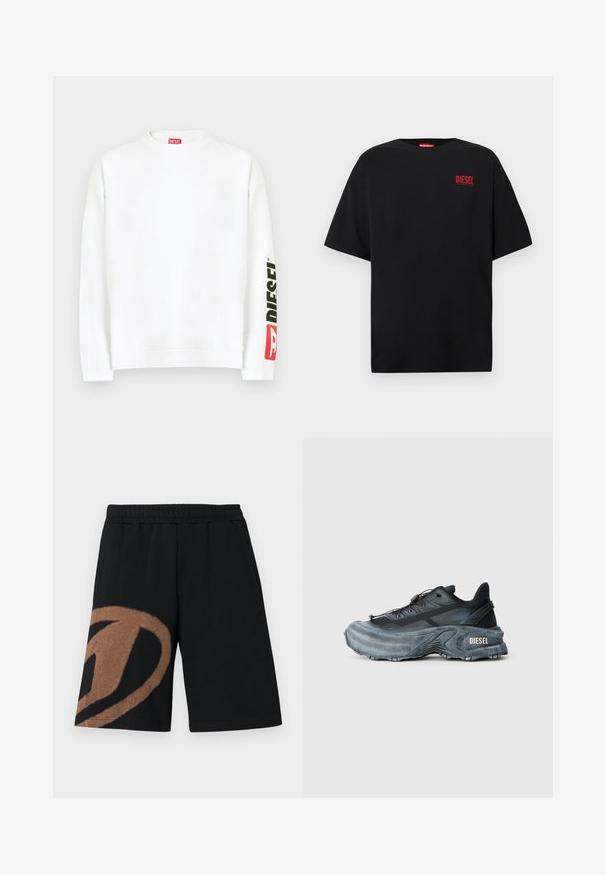 Sweat-shirt blanc à col rond, avec un logo "DIESEL" rouge et noir sur la manche gauche. Confectionné en tissu doux et lisse.; T-shirt noir en coton, avec des manches courtes, un col rond, et un logo rouge "DIESEL" sur le côté gauche de la poitrine.; Shorts taille élastique noire avec grand motif abstrait marron sur la jambe gauche et poches latérales.; Baskets Diesel noires et grises avec semelle épaisse, système de laçage à bascule et design texturé sur fond gris clair uni.