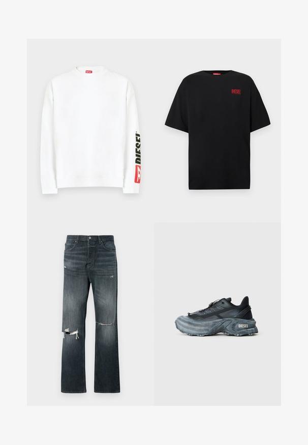 Weißes Sweatshirt mit Rundhalsausschnitt und einem roten und schwarzen "DIESEL"-Logo auf dem linken Ärmel. Hergestellt aus weichem, glattem Stoff.; Schwarzes T-Shirt aus Baumwolle, mit kurzen Ärmeln, rundem Ausschnitt und einem roten "DIESEL"-Logo auf der linken Brustseite.; Dunkel gewaschene Denim-Jeans mit lockerer Passform, die zwei aufgerissene Kniebereiche, einen standardmäßigen Knopfverschluss und ein Fünf-Taschen-Design aufweisen.; Schwarz- und graue Diesel-Sneaker mit dicker Sohle, Schnürverschluss und strukturiertem Design auf einem schlichten hellgrauen Hintergrund.