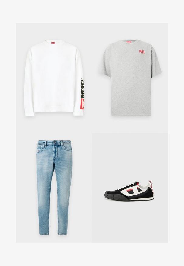 Weißes Sweatshirt mit Rundhalsausschnitt und einem roten und schwarzen "DIESEL"-Logo auf dem linken Ärmel. Hergestellt aus weichem, glattem Stoff.; Graues Baumwoll-T-Shirt mit rundem Ausschnitt und kurzen Ärmeln. Mit einem kleinen roten "DIESEL"-Logo auf der Brust. Glatte Textur.; Helle blaue Denim-Jeans im Slim-Fit mit Fronttaschen und Knopfverschluss. Der Stoff hat eine weiche, strukturierte Oberfläche.; Diesel S PAGODHA LOW - Sneaker low - black
