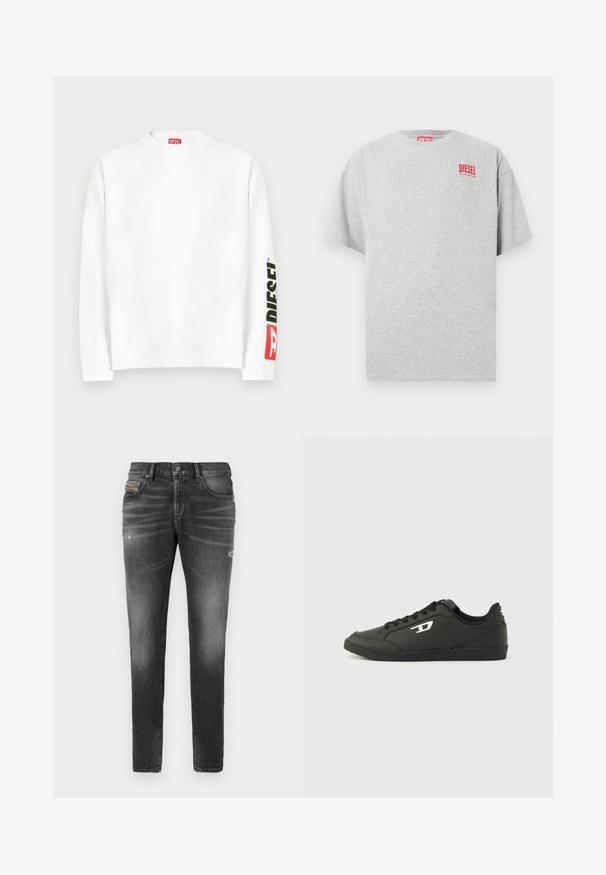 Witte sweat met ronde hals, met een rood-zwart "DIESEL" logo op de linker mouw. Gemaakt van zachte, gladde stof.; Grijs katoenen T-shirt met een ronde hals en korte mouwen. Voorzien van een klein rood "DIESEL" logo op de borst. Soepele textuur.; Grijze denim jeans met een slim fit, voorzien van lichte slijtage, verwerkte details en een traditionele knoopsluiting.; Zwarte sneakers van synthetisch materiaal met een geribbelde zwarte zool, ronde neus en vlakke zwarte veters. Opvallend wit logomerk aan de buitenzijde.