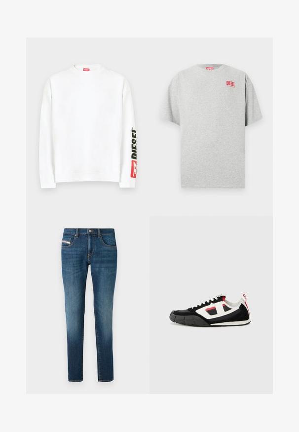 Hvid sweatshirt med rund halsudskæring, med en rød og sort "DIESEL"-logo på venstre ærme. Fremstillet af blødt, glat stof.; Grå bomuld t-shirt med rund hals og korte ærmer. Har et lille rødt "DIESEL" logo på brystet. Glat tekstur.; Mørkeblå denim jeans med en let falming, lige ben-design, fem lommer og kontrasterende syninger.; Diesel S PAGODHA LOW - Sneakers - black