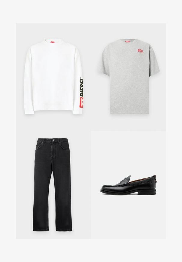 Weißes Sweatshirt mit Rundhalsausschnitt und einem roten und schwarzen "DIESEL"-Logo auf dem linken Ärmel. Hergestellt aus weichem, glattem Stoff.; Graues Baumwoll-T-Shirt mit rundem Ausschnitt und kurzen Ärmeln. Mit einem kleinen roten "DIESEL"-Logo auf der Brust. Glatte Textur.; Schwarze gerade geschnittene Jeans mit Vordertaschen, Gürtelschlaufen und einem Knopfverschluss auf weißem Hintergrund.; Schwarzer Leder-Herrenschuh mit Mokassinnaht, Penny-Riemen, strukturiertem Kragen und niedrigem gestapeltem Absatz auf weißem Hintergrund.