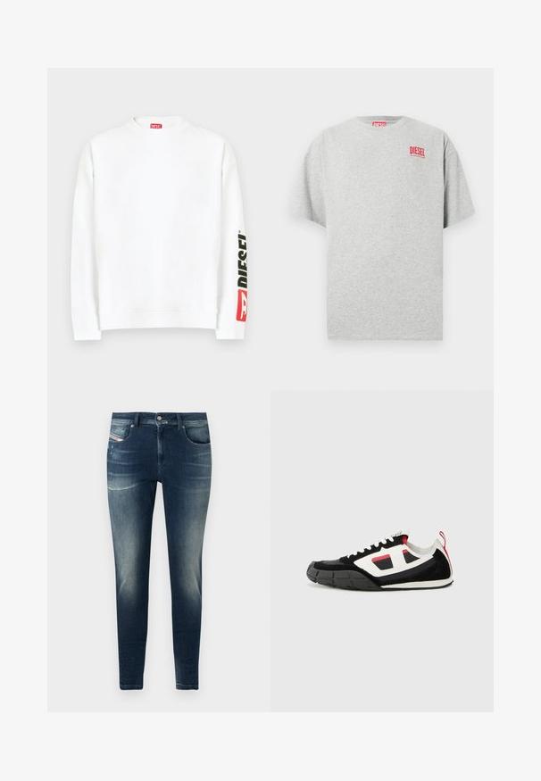 Witte sweat met ronde hals, met een rood-zwart "DIESEL" logo op de linker mouw. Gemaakt van zachte, gladde stof.; Grijs katoenen T-shirt met een ronde hals en korte mouwen. Voorzien van een klein rood "DIESEL" logo op de borst. Soepele textuur.; Donkerblauwe denim jeans met een slim fit, voorzien van een vervaagde was, lichte slijtage en een klassieke vijf-pocket stijl.; Diesel S PAGODHA LOW - Sneakers laag - black