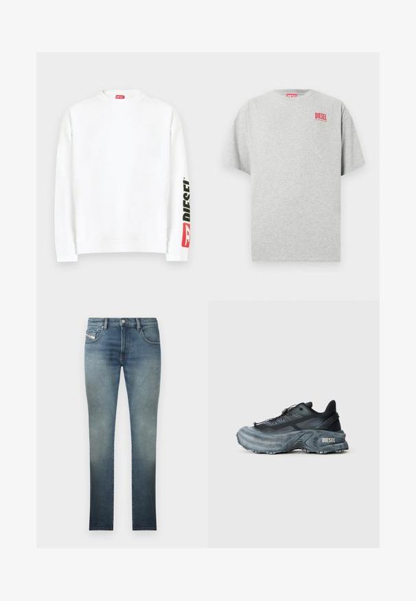 Sudadera blanca con cuello redondo, con un logo "DIESEL" en rojo y negro en la manga izquierda. Confeccionada con una tela suave y lisa.; Camiseta de algodón gris con cuello redondo y mangas cortas. Presenta un pequeño logo rojo "DIESEL" en el pecho. Textura suave.; Jeans ajustados en un lavado azul desgastado, con un diseño de cinco bolsillos, cierre de botón metálico y costuras en contraste. Textura ligeramente desgastada.; Zapatilla Diesel en negro y gris con suela gruesa, cierre de cordón y diseño texturizado sobre un fondo liso de color gris claro.
