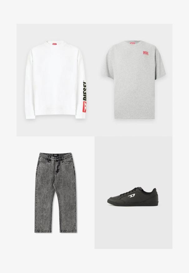 Weißes Sweatshirt mit Rundhalsausschnitt und einem roten und schwarzen "DIESEL"-Logo auf dem linken Ärmel. Hergestellt aus weichem, glattem Stoff.; Graues Baumwoll-T-Shirt mit rundem Ausschnitt und kurzen Ärmeln. Mit einem kleinen roten "DIESEL"-Logo auf der Brust. Glatte Textur.; Graue Denim-Jeans mit einem verranzten Finish, geradem Bein Design und fünf Taschen. Mit einem Etikett mit "FORMER" am Bund.; Schwarze Sneakers aus synthetischem Material mit einer strukturierten schwarzen Sohle, rundem Zehenbereich und flachen schwarzen Schnürsenkeln. Auffälliges weißes Logo auf der Außenseite.