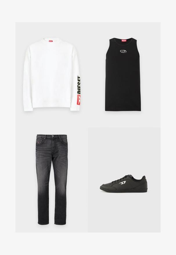 Sweat-shirt blanc à col rond, avec un logo "DIESEL" rouge et noir sur la manche gauche. Confectionné en tissu doux et lisse.; Débardeur noir sans manches en coton. Présente un col rond et un petit logo Diesel blanc sur la poitrine. Texture lisse.; Jean en denim noir avec une coupe droite, cinq poches, un léger délavage et une petite étiquette en tissu rouge sur la poche avant.; Baskets synthétiques noires avec une semelle noire texturée, un bout rond et des lacets plats noirs. Logo blanc remarquablement placé sur le côté extérieur.