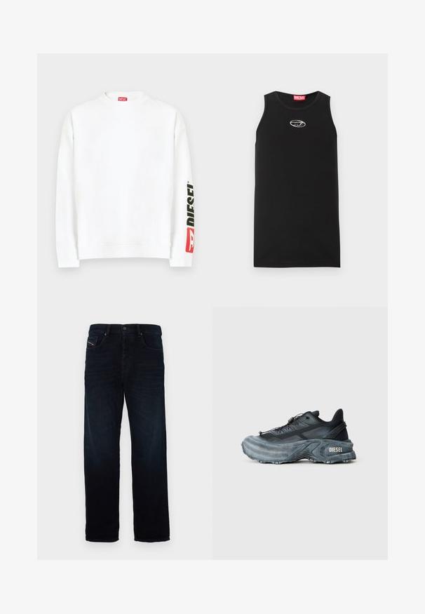 Sweat-shirt blanc à col rond, avec un logo "DIESEL" rouge et noir sur la manche gauche. Confectionné en tissu doux et lisse.; Débardeur noir sans manches en coton. Présente un col rond et un petit logo Diesel blanc sur la poitrine. Texture lisse.; Jean en denim bleu marine avec une coupe droite, dotés d'une poche avant et d'une fermeture à bouton. Le tissu a une texture lisse et un éclat subtil.; Baskets Diesel noires et grises avec semelle épaisse, système de laçage à bascule et design texturé sur fond gris clair uni.