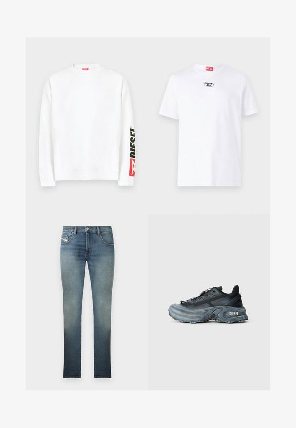 Witte sweat met ronde hals, met een rood-zwart "DIESEL" logo op de linker mouw. Gemaakt van zachte, gladde stof.; Witte katoenen t-shirt met korte mouwen, voorzien van een ronde halslijn en een zilveren Diesel-logo op de borst. Eenvoudig ontwerp, effen kleur.; Slim-fit jeans in een vervaagde blauwe wassing, met een vijf-pocket ontwerp, metalen knoopsluiting en contrasterende stiksels. Licht verouderde textuur.; Zwarte en grijze Diesel sneakers met dikke zool, vetersluiting en gestructureerd ontwerp op een effen lichtgrijze achtergrond.
