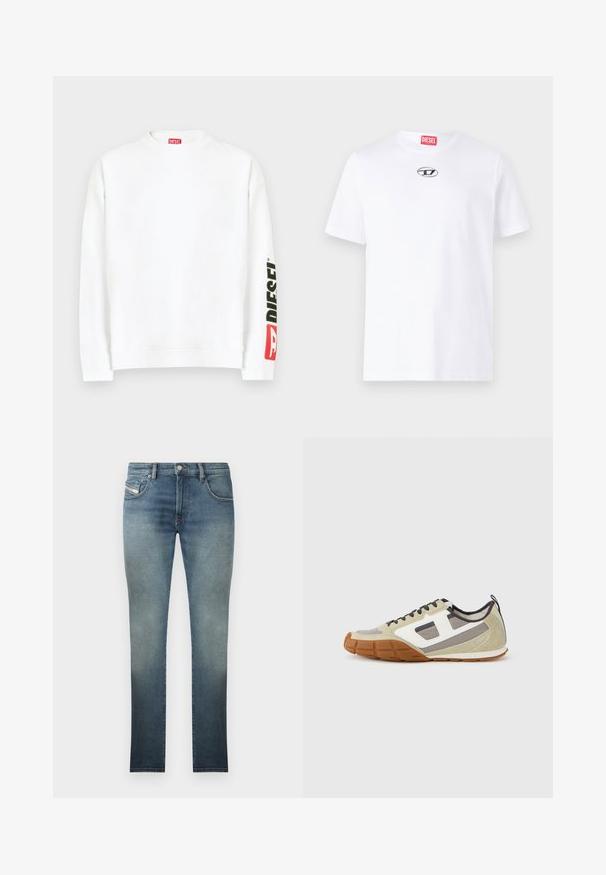 Sudadera blanca con cuello redondo, con un logo "DIESEL" en rojo y negro en la manga izquierda. Confeccionada con una tela suave y lisa.; Camiseta de algodón blanca con mangas cortas, que presenta un escote redondo y un parche del logo plateado de Diesel en el pecho. Diseño simple, color sólido.; Jeans ajustados en un lavado azul desgastado, con un diseño de cinco bolsillos, cierre de botón metálico y costuras en contraste. Textura ligeramente desgastada.; Zapatillas deportivas con una parte superior beige con acentos en gris y blanco, ante texturizado y suela de goma con patrón. Incluyen cordones marrones y una lengüeta para tirar.