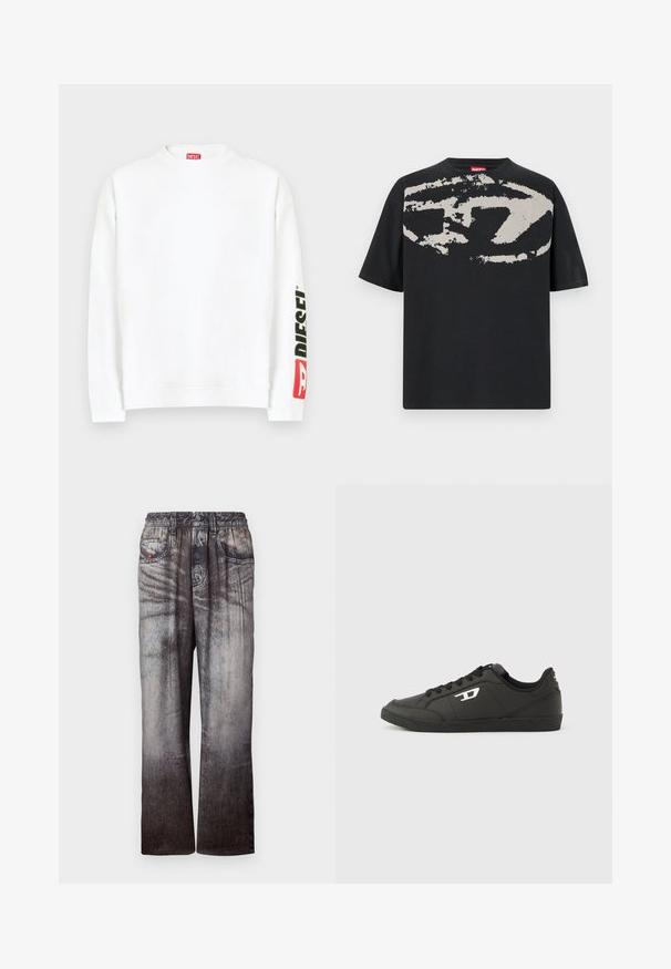 Weißes Sweatshirt mit Rundhalsausschnitt und einem roten und schwarzen "DIESEL"-Logo auf dem linken Ärmel. Hergestellt aus weichem, glattem Stoff.; Schwarzes T-Shirt mit einem großen, abstrakten hellgrauen Grafik auf der Vorderseite. Mit kurzen Ärmeln und einem klassischen, runden Halsausschnitt. Aus Baumwolle.; Jeans mit einem verblassten Blau-zu-Grau-Gradient, elastischem Bund und seitlichen Taschen. Sie besitzen eine strukturierte Oberfläche mit subtilem Nähen.; Schwarze Sneakers aus synthetischem Material mit einer strukturierten schwarzen Sohle, rundem Zehenbereich und flachen schwarzen Schnürsenkeln. Auffälliges weißes Logo auf der Außenseite.
