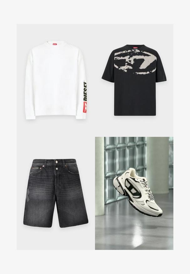 Weißes Sweatshirt mit Rundhalsausschnitt und einem roten und schwarzen "DIESEL"-Logo auf dem linken Ärmel. Hergestellt aus weichem, glattem Stoff.; Schwarzes T-Shirt mit einem großen, abstrakten hellgrauen Grafik auf der Vorderseite. Mit kurzen Ärmeln und einem klassischen, runden Halsausschnitt. Aus Baumwolle.; Schwarze Denim-Shorts mit einem sanften Used-Look, ausgestattet mit fünf Taschen, kupferfarbenen Beschlägen und einem geraden Bein-Schnitt.; Weißer und schwarzer Sportschuh mit Mesh-Details und gemusterten Schnürsenkeln, schwebt mitten in der Luft in einem modernen Innenraum mit Glasbausteinen.