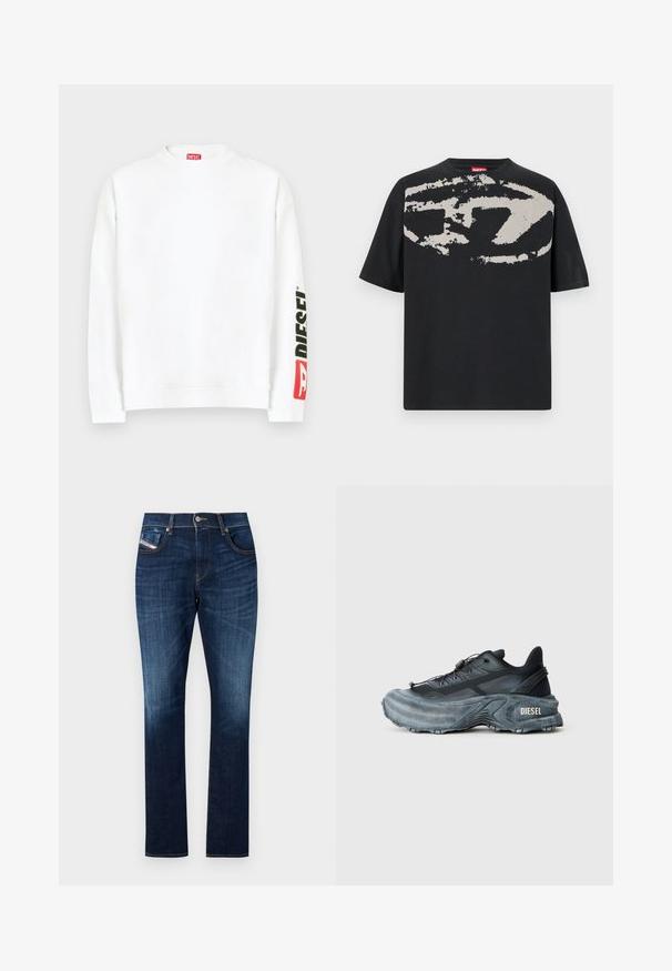 Sweat-shirt blanc à col rond, avec un logo "DIESEL" rouge et noir sur la manche gauche. Confectionné en tissu doux et lisse.; T-shirt noir avec un grand motif abstrait gris clair sur le devant. Manches courtes et encolure ronde classique. Matière en coton.; Jean en denim bleu foncé présentant une coupe droite, un design à cinq poches, un léger délavage et des coutures contrastées le long des coutures.; Baskets Diesel noires et grises avec semelle épaisse, système de laçage à bascule et design texturé sur fond gris clair uni.
