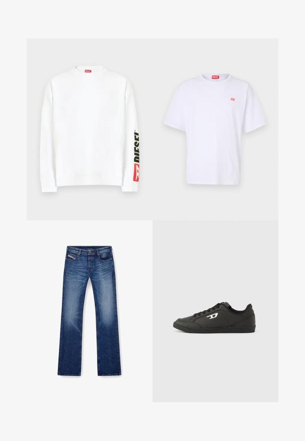 Weißes Sweatshirt mit Rundhalsausschnitt und einem roten und schwarzen "DIESEL"-Logo auf dem linken Ärmel. Hergestellt aus weichem, glattem Stoff.; Weißes Baumwoll-T-Shirt mit kurzen Ärmeln, Rundhalsausschnitt und einem kleinen roten rechteckigen Diesel-Logo auf der linken Brust.; Blaue Jeans aus Denim mit geradem Bein, fünf Taschen und passendem Stich. Der Stoff hat eine glatte Textur mit leichter Ausbleichung.; Schwarze Sneakers aus synthetischem Material mit einer strukturierten schwarzen Sohle, rundem Zehenbereich und flachen schwarzen Schnürsenkeln. Auffälliges weißes Logo auf der Außenseite.