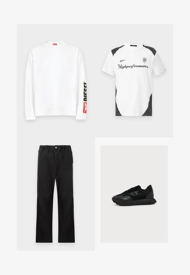 Witte sweat met ronde hals, met een rood-zwart "DIESEL" logo op de linker mouw. Gemaakt van zachte, gladde stof.; Witte T-shirt met korte mouwen en zwarte accenten. Bevat het logo "REPLAY FC" en de tekst "Highperformance" in een sportieve lettertype. Gemaakt van een glad materiaal.; Zwarte katoenen broek met een elastische tailleband, voorzien van een recht model, een gladde textuur en zonder zichtbare accenten of patronen.; Zwarte lage sneaker met een bovenwerk van gemengd mesh en leer, vetersluiting en een gestructureerde zool, getoond in het rechterzijprofiel op een witte achtergrond.