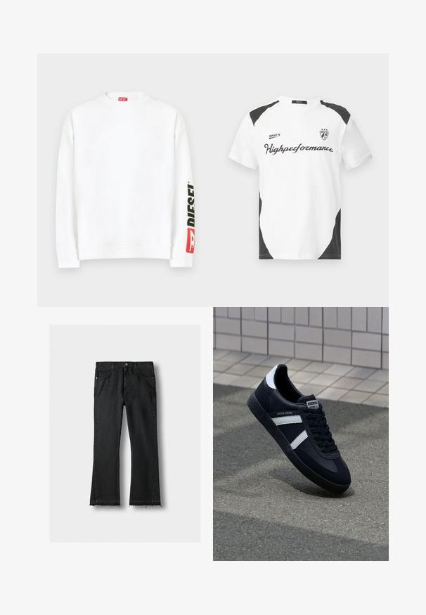 Witte sweat met ronde hals, met een rood-zwart "DIESEL" logo op de linker mouw. Gemaakt van zachte, gladde stof.; Witte T-shirt met korte mouwen en zwarte accenten. Bevat het logo "REPLAY FC" en de tekst "Highperformance" in een sportieve lettertype. Gemaakt van een glad materiaal.; Zwarte spijkerbroek met rechte broekspijpen, voorzakken en ruwe, rafelige zoom, plat gelegd op een lichte achtergrond.; Zwarte leren sneaker met witte strepen, een gestructureerde rubberen zool en vetersluiting aan de voorkant. Voorzien van een merklabel op de tong.