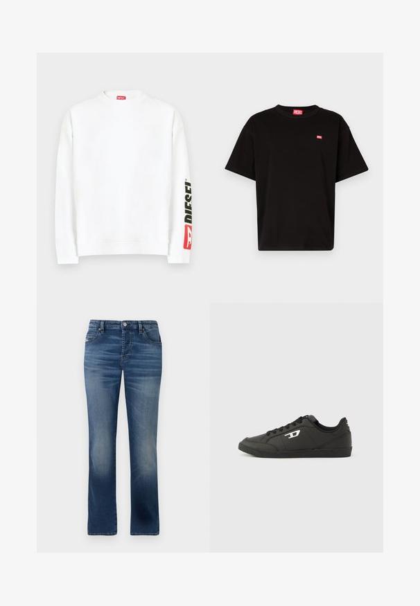 Witte sweat met ronde hals, met een rood-zwart "DIESEL" logo op de linker mouw. Gemaakt van zachte, gladde stof.; Zwarte katoenen t-shirt met ronde hals, korte mouwen en een klein rood Diesel-logo op de borst. Rechte zoom, minimalistisch ontwerp.; Donkerblauwe denim jeans met een rechte pijp, voorzien van zijzakken, subtiele vervaging en een klassieke knoopsluiting bij de taille.; Zwarte sneakers van synthetisch materiaal met een geribbelde zwarte zool, ronde neus en vlakke zwarte veters. Opvallend wit logomerk aan de buitenzijde.