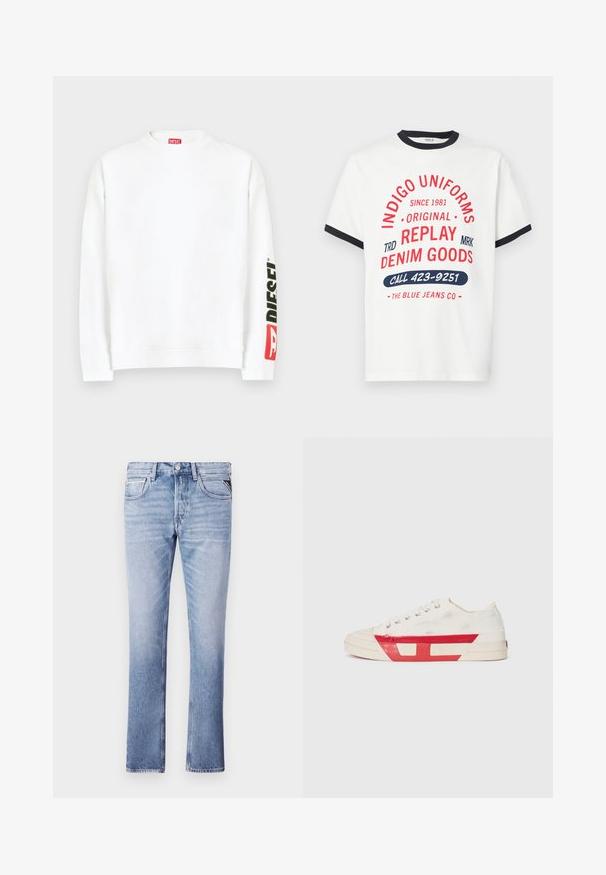 Weißes Sweatshirt mit Rundhalsausschnitt und einem roten und schwarzen "DIESEL"-Logo auf dem linken Ärmel. Hergestellt aus weichem, glattem Stoff.; Weißes Baumwoll-T-Shirt mit marineblauem Kragen und Bündchen, mit roten und blauen grafischen Texten, darunter "INDIGO UNIFORMS" und "RUFEN SIE 423-9251 AN."; Hellblaue Denim-Jeans mit geradem Bein, fünf Taschen und sichtbaren Nähdetails. Glatte Textur und klassischer Schnitt.; Leinensneaker mit weißem Obermaterial, roten Gummidetails und einem strukturierten Design. Verfügt über eine runde Zehenpartie und fünf Ösen für die Schnürsenkel.