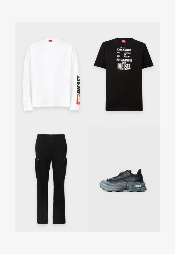 Weißes Sweatshirt mit Rundhalsausschnitt und einem roten und schwarzen "DIESEL"-Logo auf dem linken Ärmel. Hergestellt aus weichem, glattem Stoff.; Schwarzes Baumwoll-T-Shirt mit kräftigen weißen Textgrafiken, darunter "DIESEL" und "INDUSTRY", mit rundem Halsausschnitt und kurzen Ärmeln.; Schwarze Cargo-Hose aus Baumwolle mit zwei seitlichen Taschen, geradem Bein und sichtbaren Nähten an den Säumen.; Schwarz- und graue Diesel-Sneaker mit dicker Sohle, Schnürverschluss und strukturiertem Design auf einem schlichten hellgrauen Hintergrund.